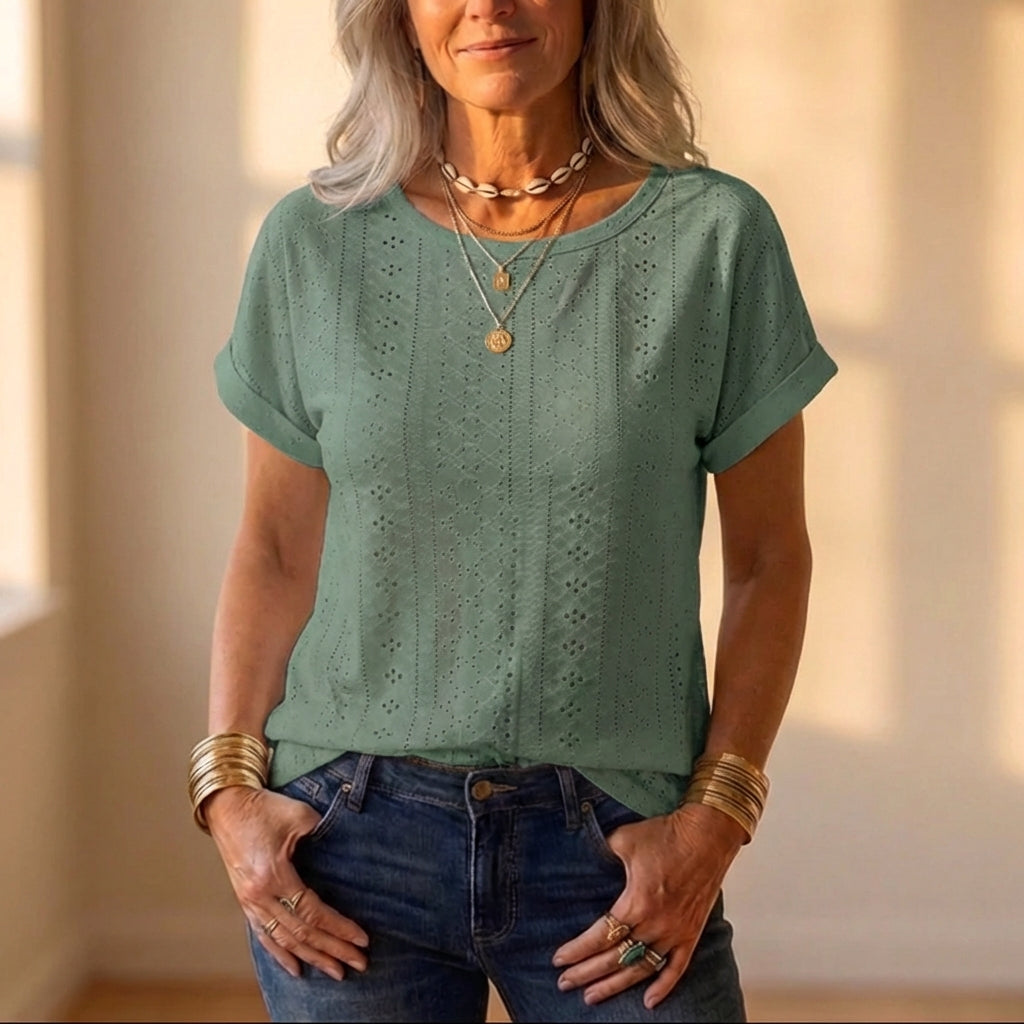 Cotton Eyelet T Shirt With Allover Cutout Pattern