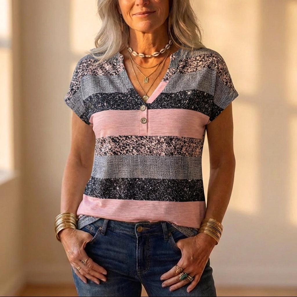 Cotton Henley T Shirt With Pink And Gray Striped Color Block