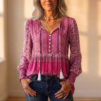 Cotton Peasant Blouse With Pink Boho Print And Tassel Ties