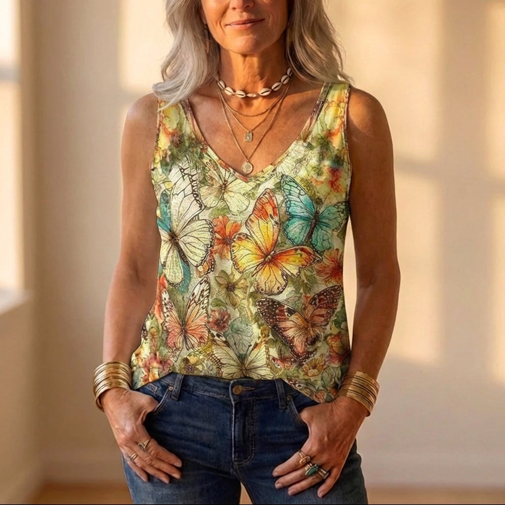 Cotton Tank Top With Multicolored Butterfly Print