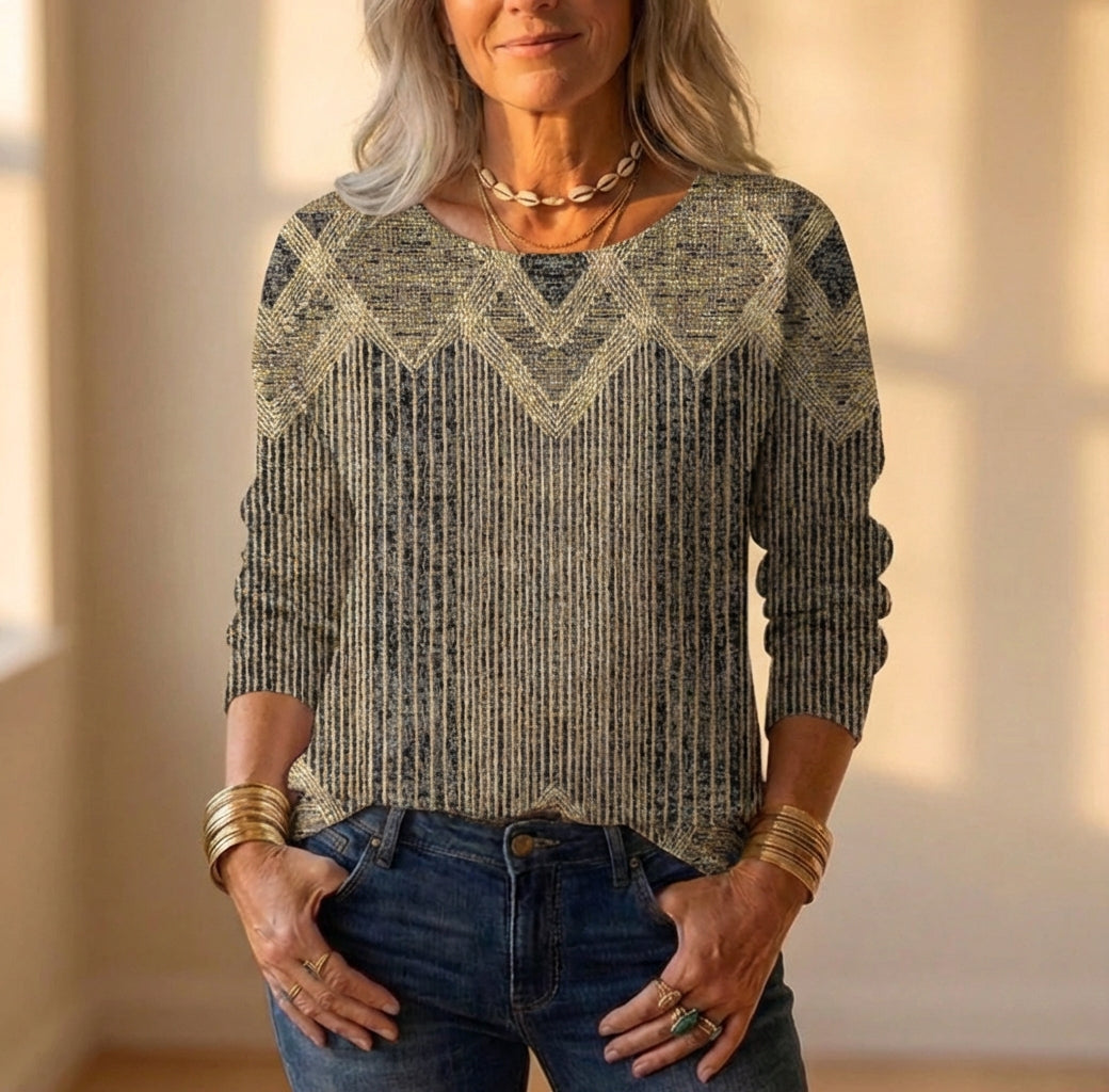 Cotton Top With Olive Chevron And Striped Pattern