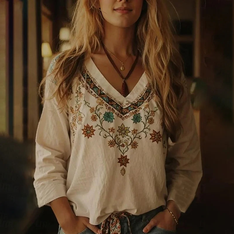 Cream Embroidered V Neck Boho Blouse