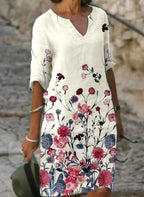 Cream Floral Embroidered V Neck Shift Dress