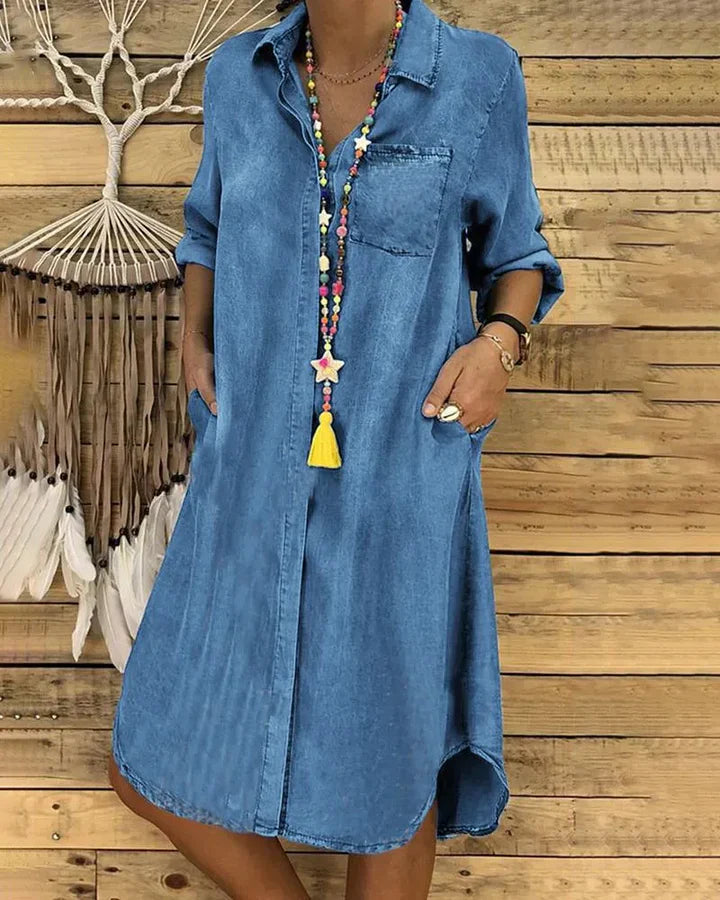 Denim Button Front Shirt Dress With Pockets