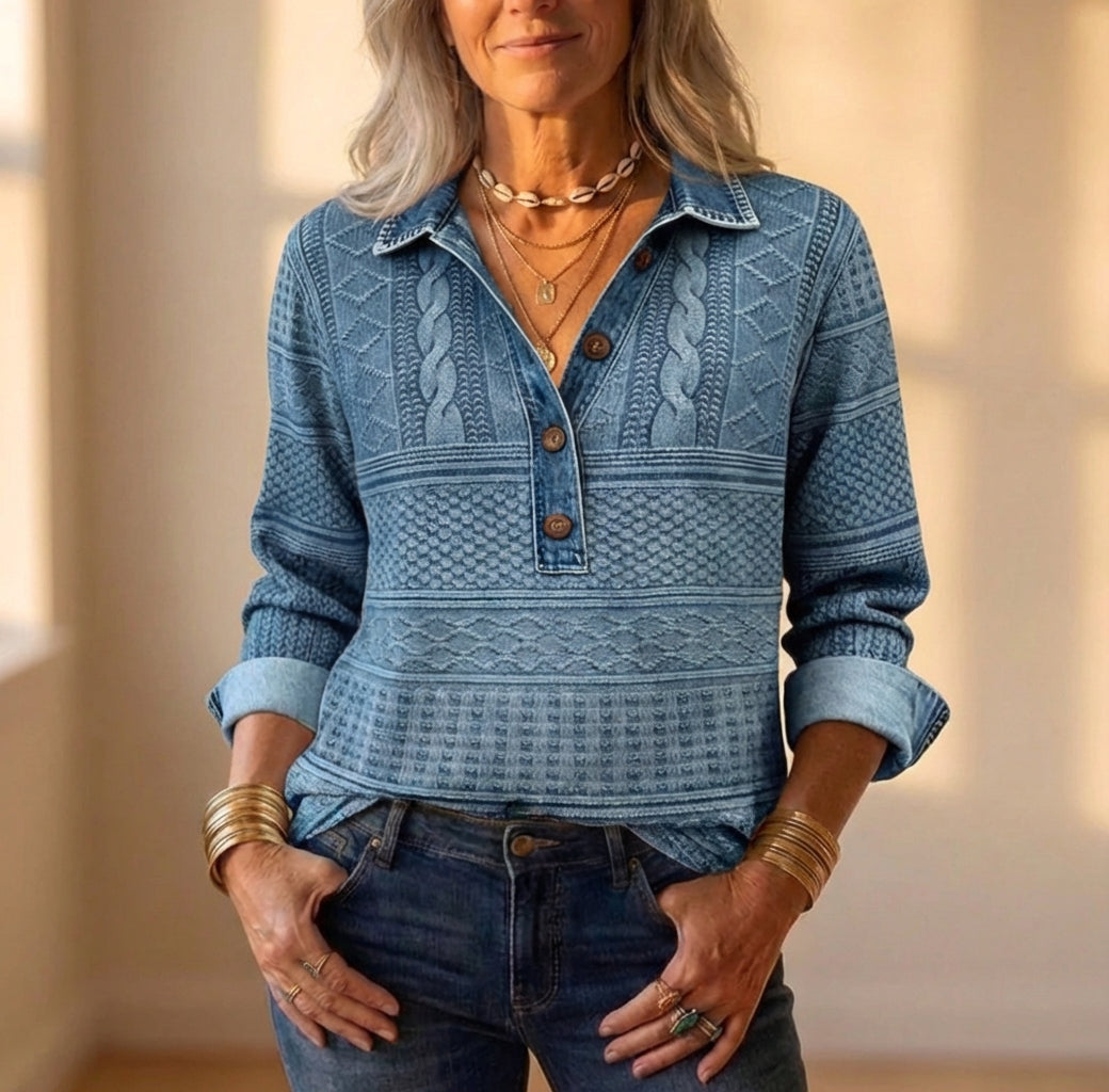 Denim Button Up Shirt With Cable Knit Detail