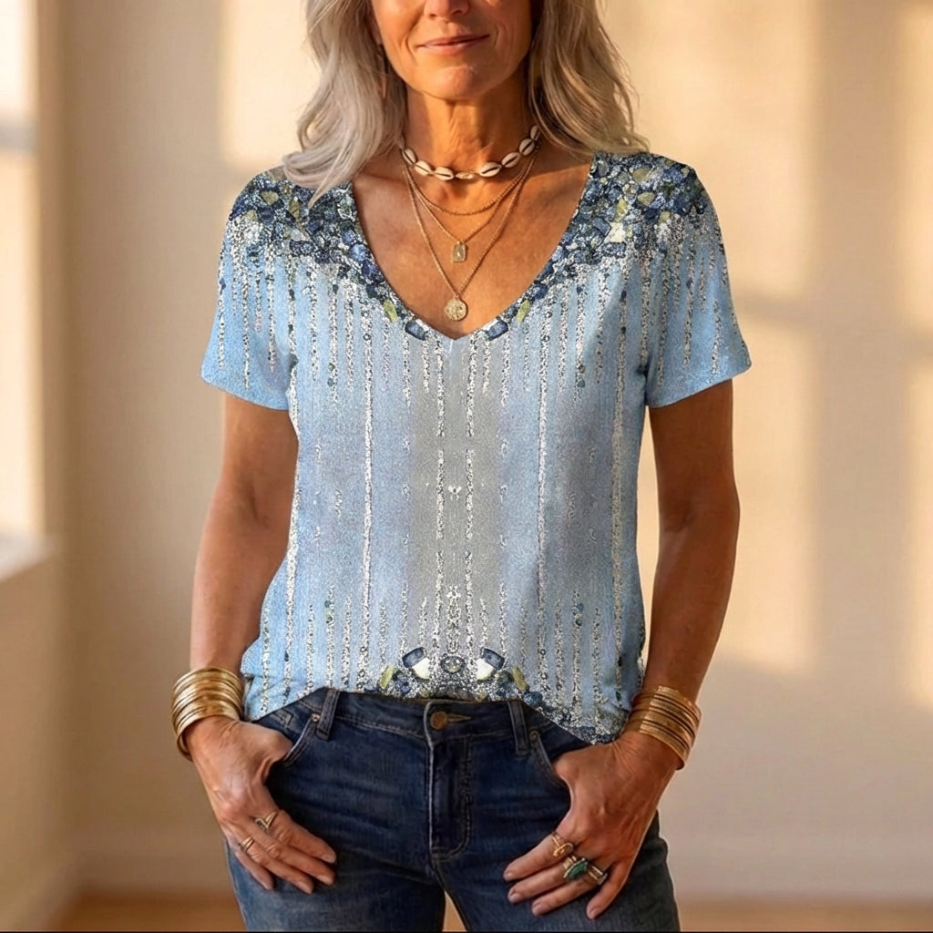 Embellished V Neck T Shirt With Blue Floral Sequin Detail