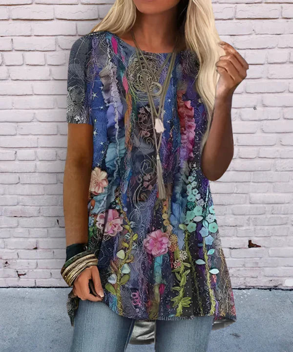 Floral Print Short Sleeve Tunic With Paisley Design
