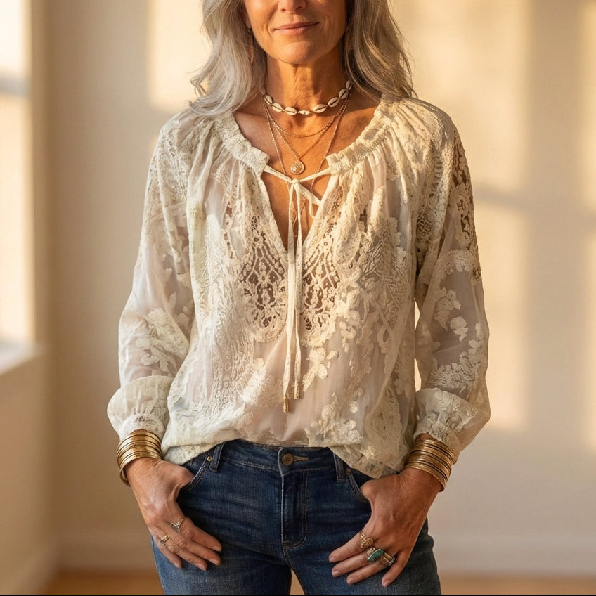 Blouse With Embroidered Lace & Tie Front