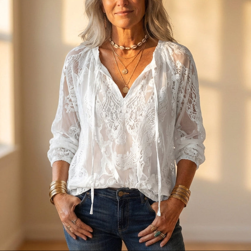 Blouse With Embroidered Lace & Tie Front