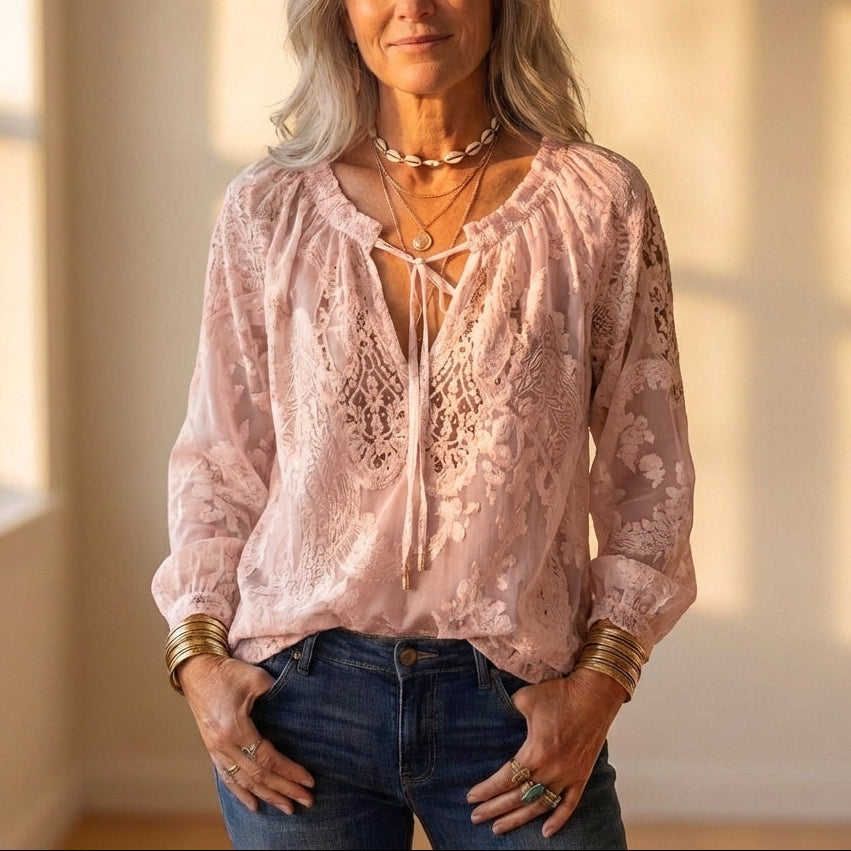 Blouse With Embroidered Lace & Tie Front