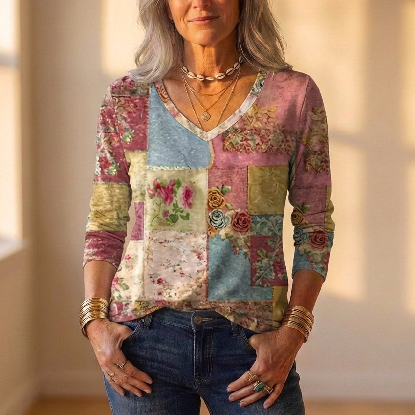 Top Multicolor With Patchwork Rose & Floral Pattern