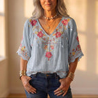 Blouse With Floral Embroidery & Crochet Trim