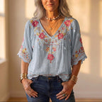 Blouse With Floral Embroidery & Crochet Trim