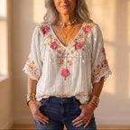 Blouse With Floral Embroidery & Crochet Trim