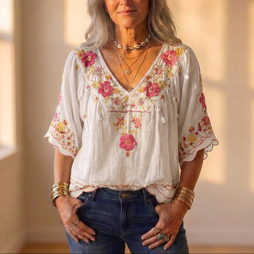 Blouse With Floral Embroidery & Crochet Trim