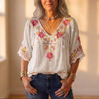 Blouse With Floral Embroidery & Crochet Trim