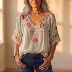 Blouse With Floral Embroidery & Crochet Trim