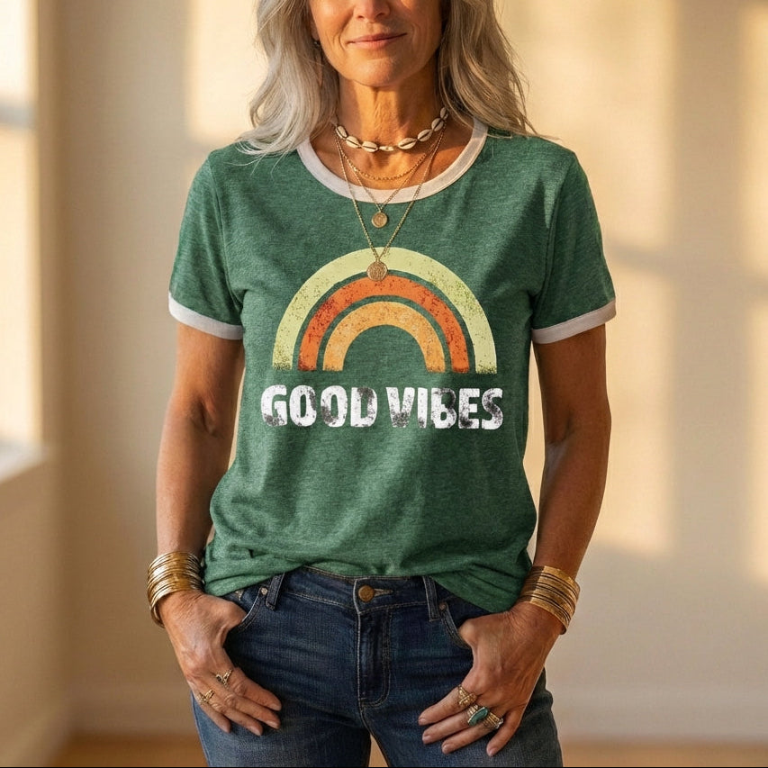 T-Shirt With Good Vibes Rainbow Graphic