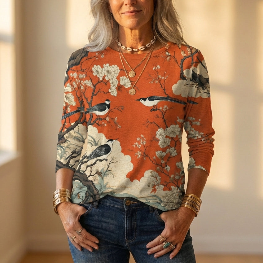 Top With Birds & Cherry Blossom Pattern