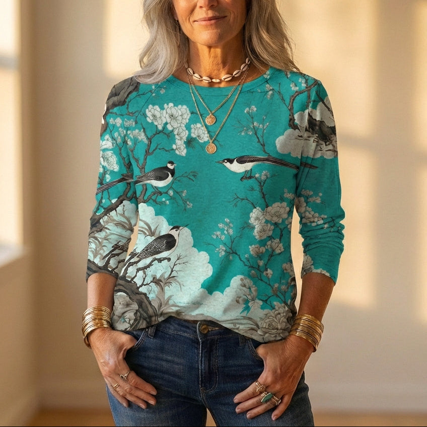 Top With Birds & Cherry Blossom Pattern