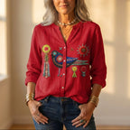 Button Down Shirt With Embroidered Bird & Floral Design