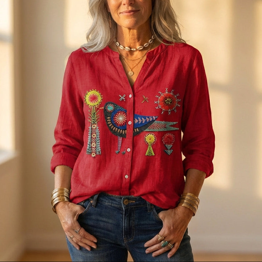 Button Down Shirt With Embroidered Bird & Floral Design