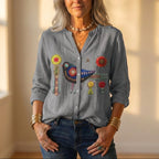Button Down Shirt With Embroidered Bird & Floral Design