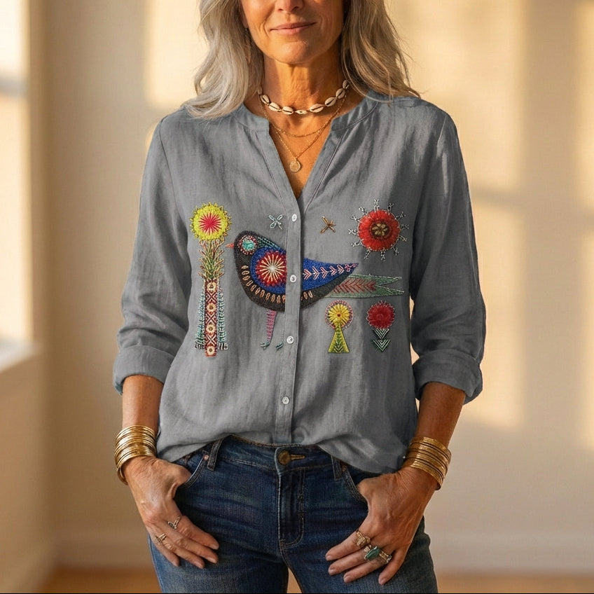 Button Down Shirt With Embroidered Bird & Floral Design