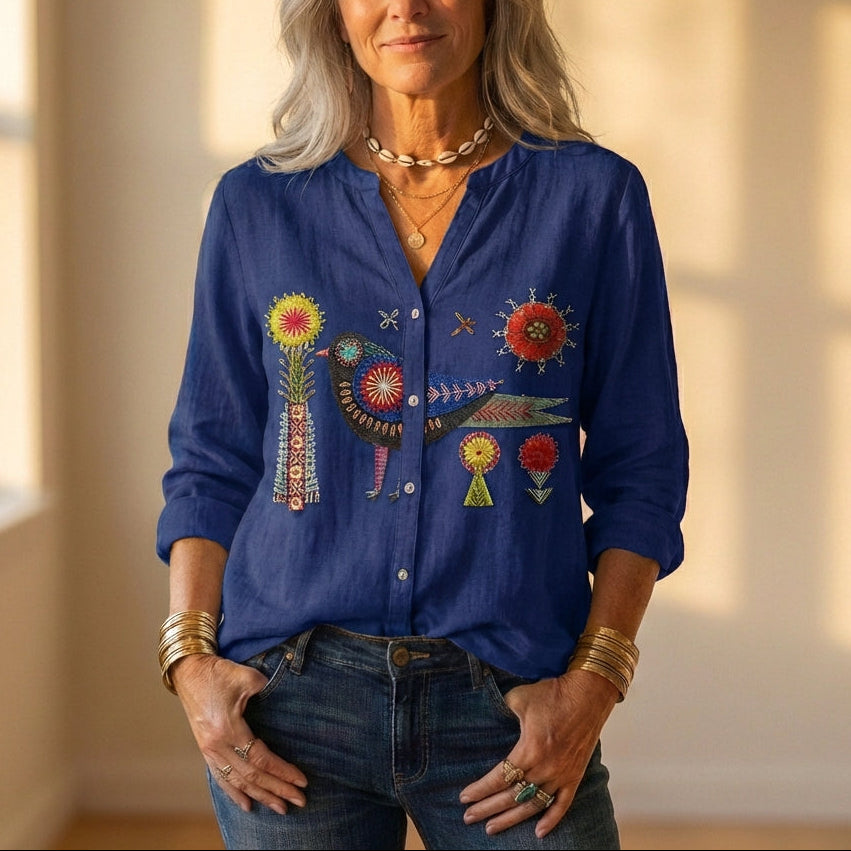 Button Down Shirt With Embroidered Bird & Floral Design