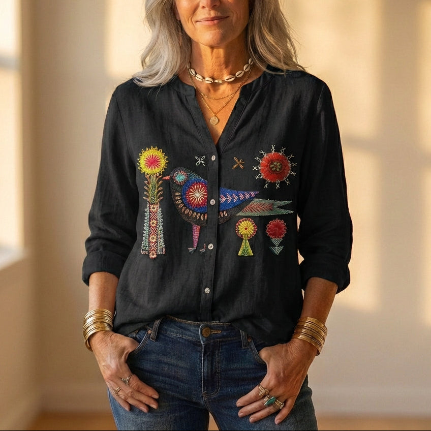 Button Down Shirt With Embroidered Bird & Floral Design