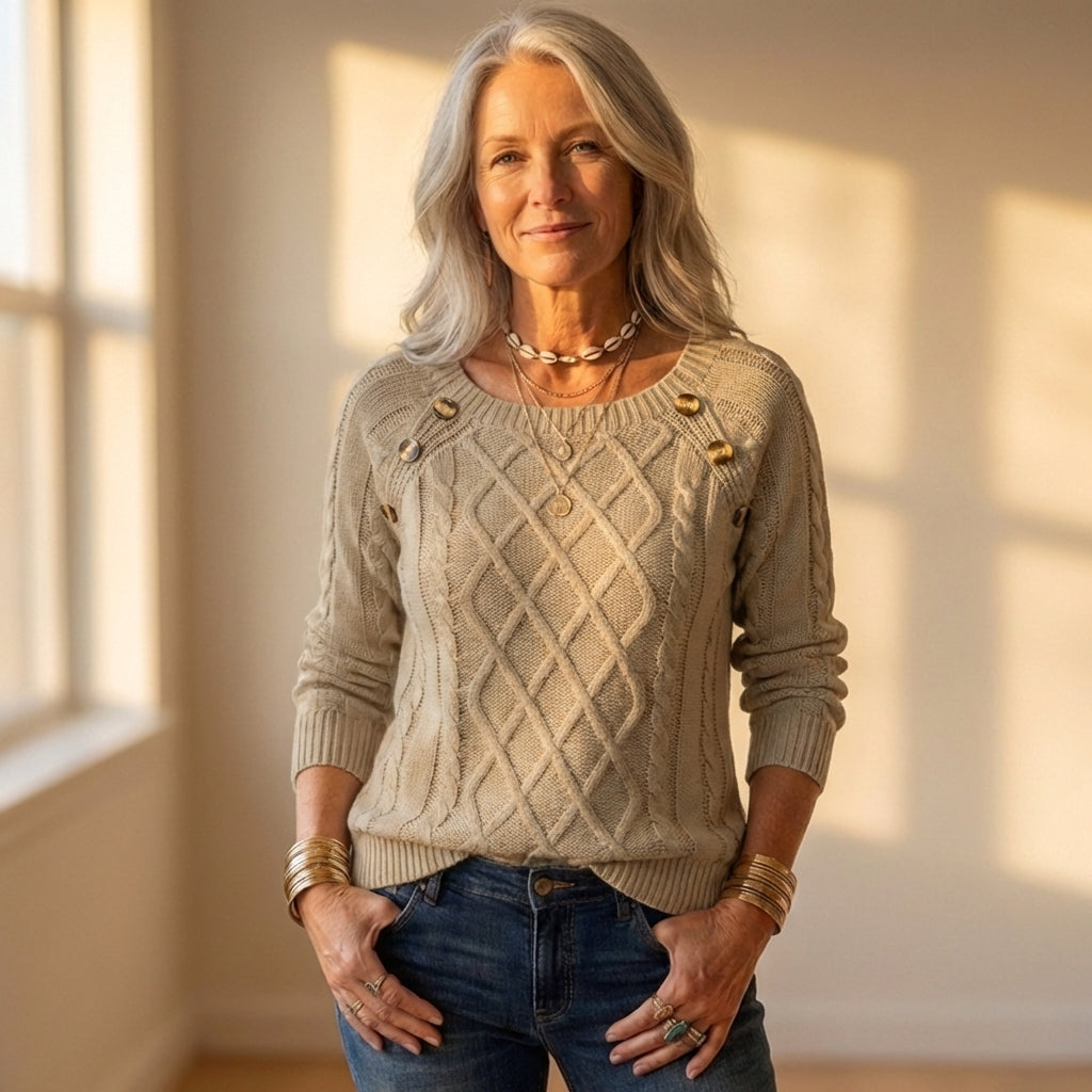 Top with Diamond Cable Knit and Button Shoulder Detail