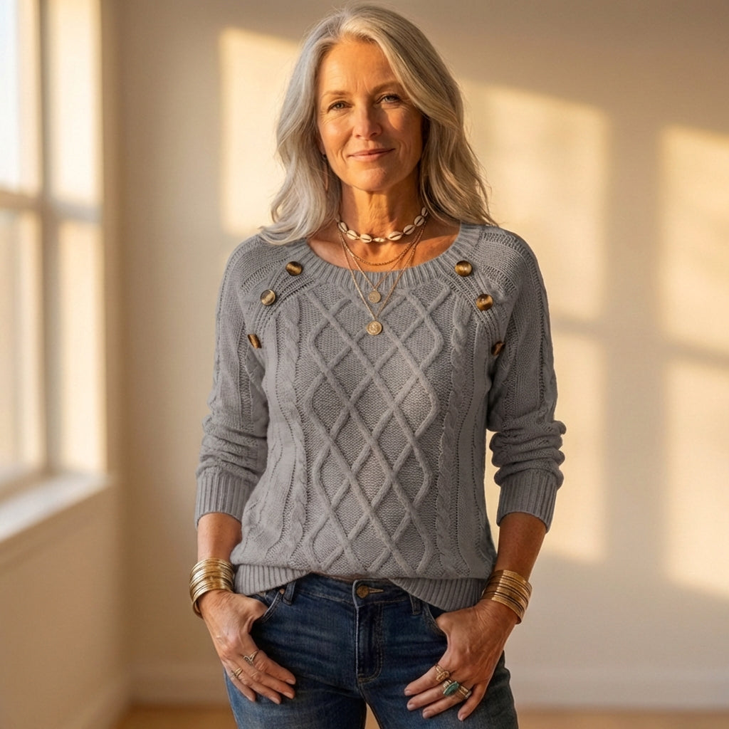 Top with Diamond Cable Knit and Button Shoulder Detail