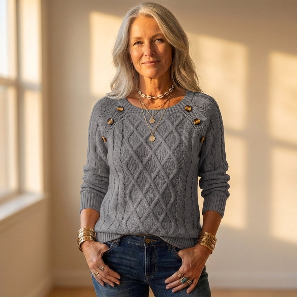 Top with Diamond Cable Knit and Button Shoulder Detail