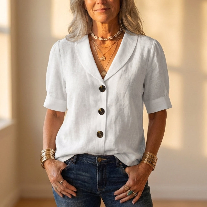 Blouse Beige With Collar & Button Front