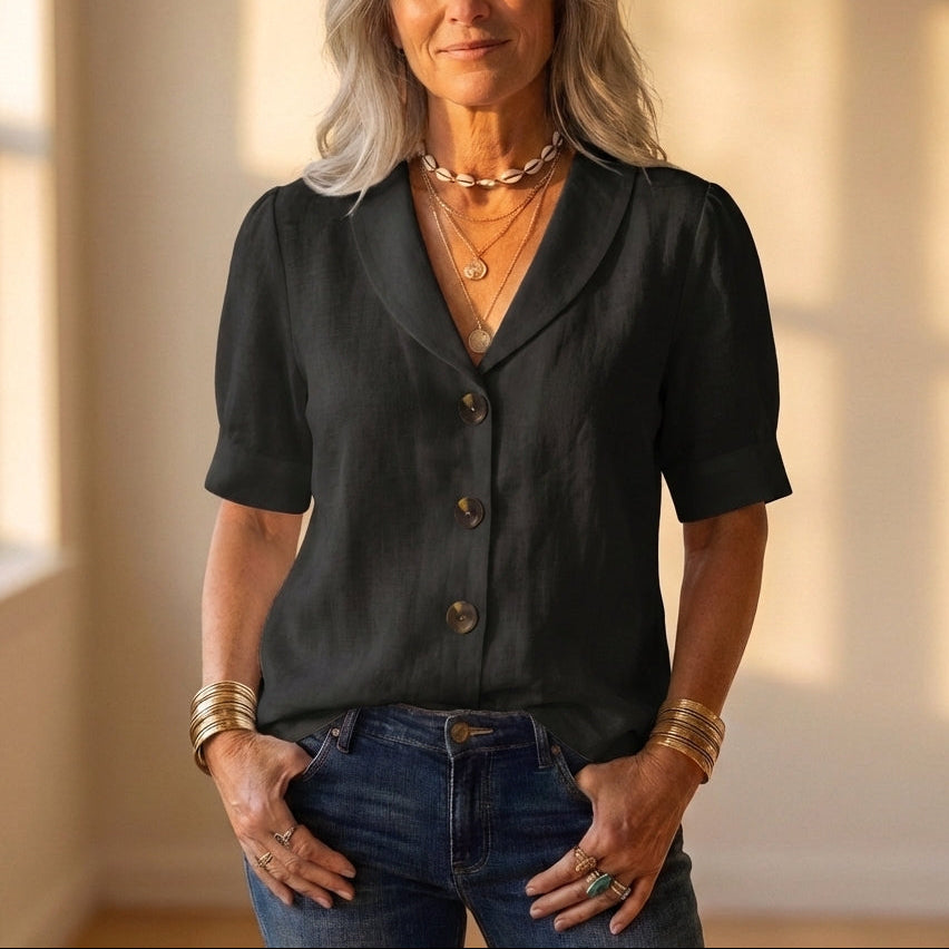 Blouse Beige With Collar & Button Front