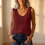 Cotton Eyelet Tank Top With Tie Straps And Button Front