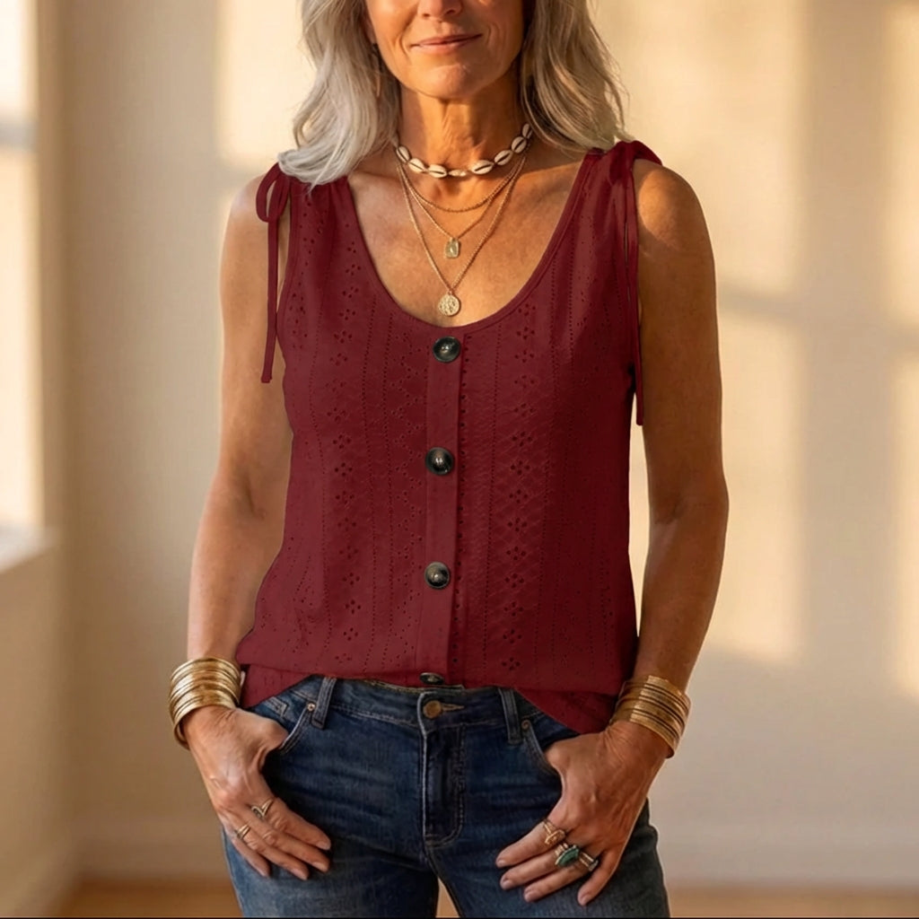 Cotton Eyelet Tank Top With Tie Straps And Button Front