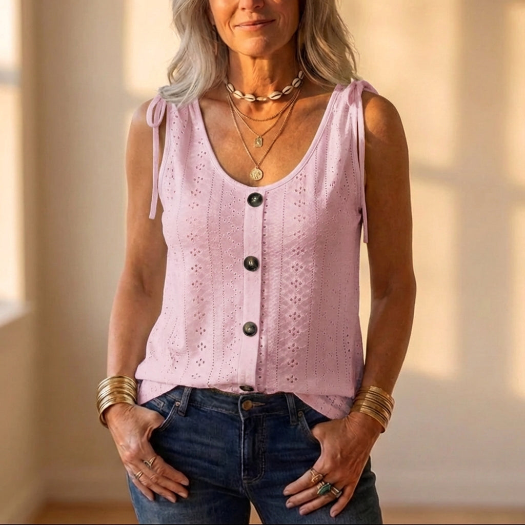 Cotton Eyelet Tank Top With Tie Straps And Button Front