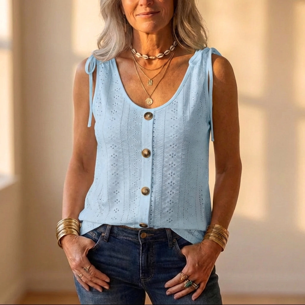 Cotton Eyelet Tank Top With Tie Straps And Button Front