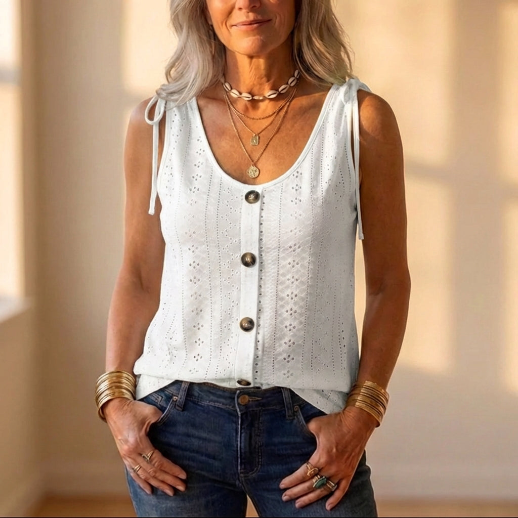 Cotton Eyelet Tank Top With Tie Straps And Button Front