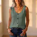 Cotton Eyelet Tank Top With Tie Straps And Button Front
