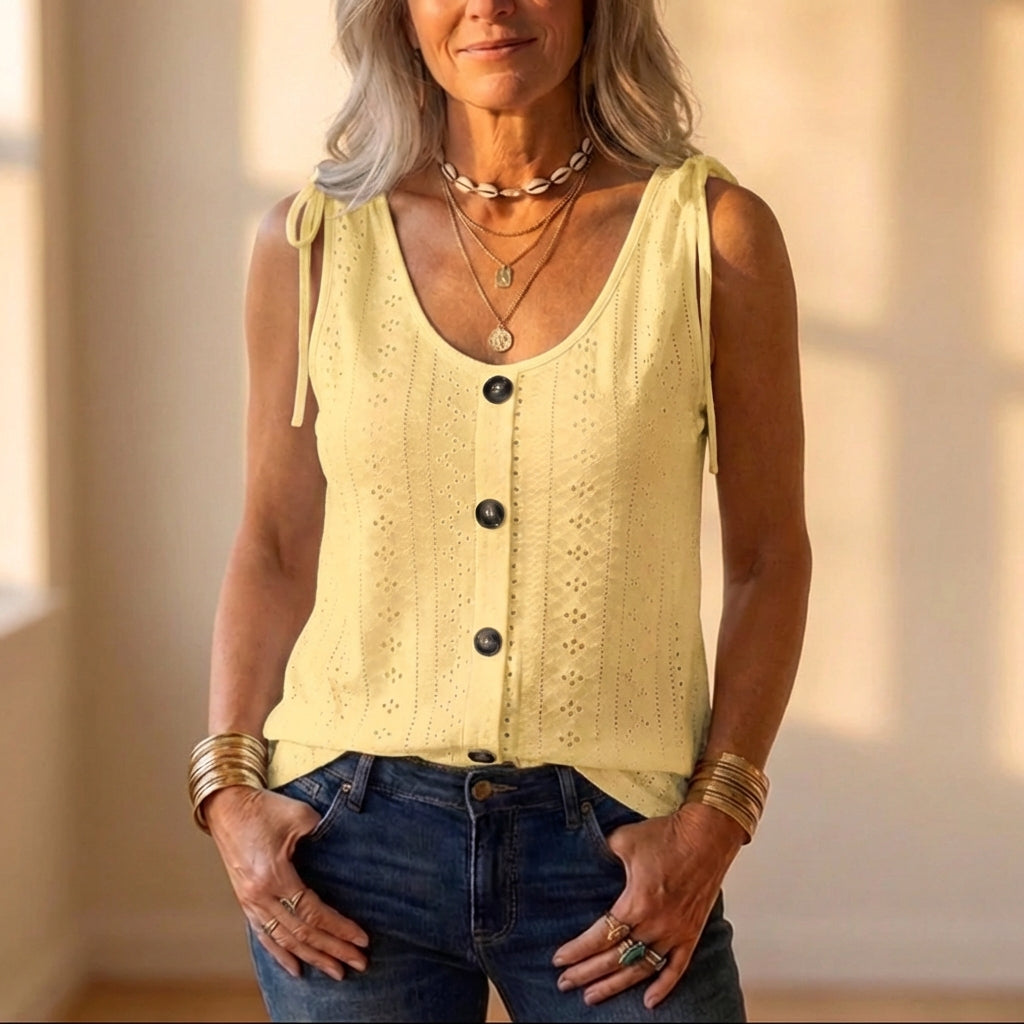 Cotton Eyelet Tank Top With Tie Straps And Button Front