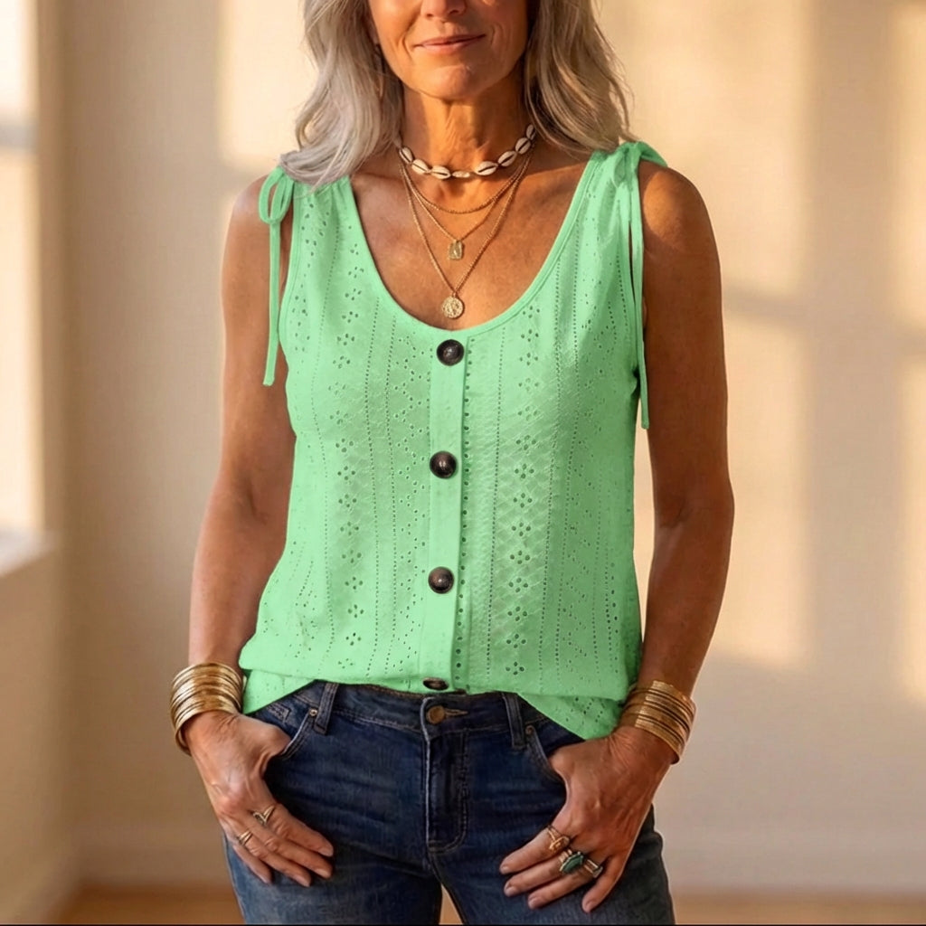 Cotton Eyelet Tank Top With Tie Straps And Button Front