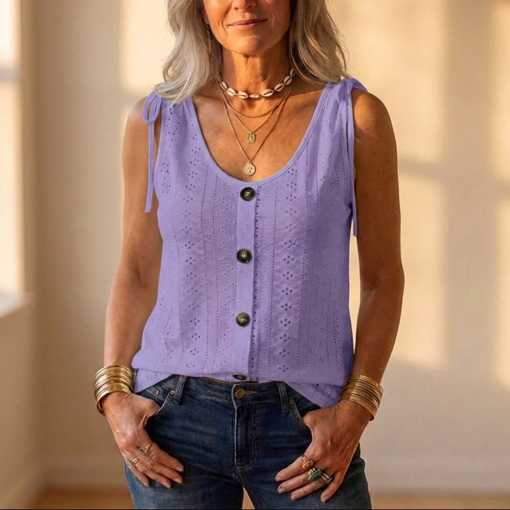 Cotton Eyelet Tank Top With Tie Straps And Button Front