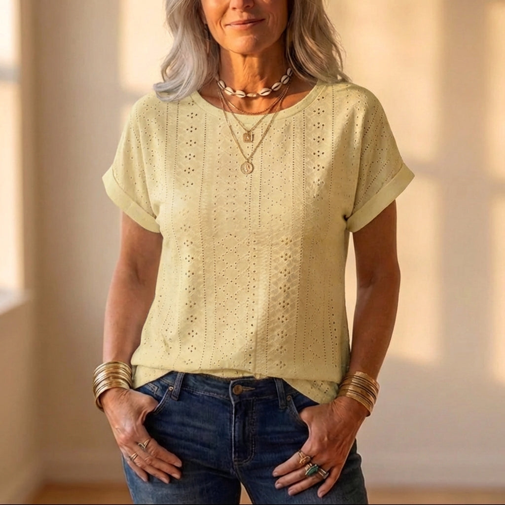 Cotton Eyelet T Shirt With Allover Cutout Pattern