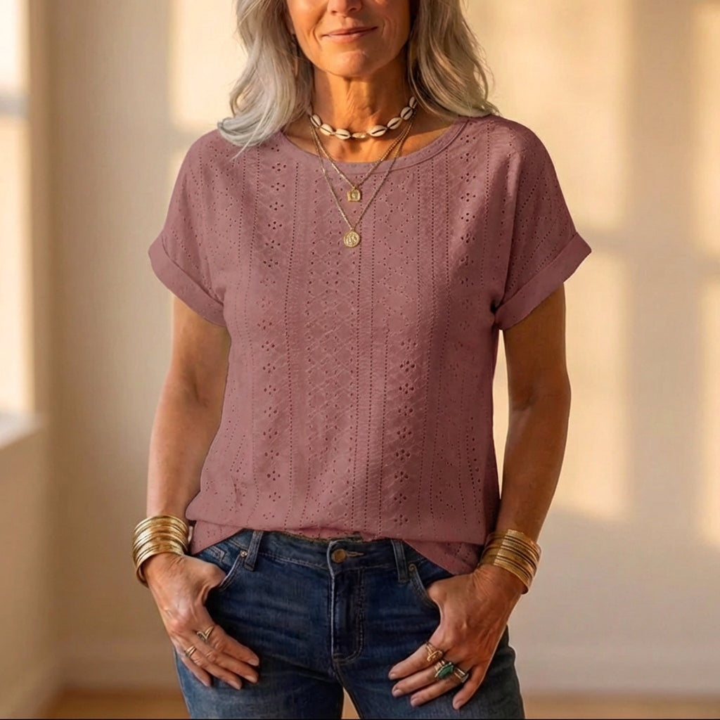 Cotton Eyelet T Shirt With Allover Cutout Pattern