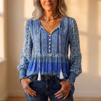 Cotton Peasant Blouse With Pink Boho Print And Tassel Ties