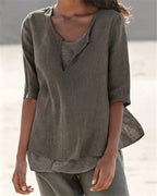 Linen V Neck Layered Top With 34 Sleeves