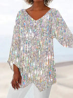 Iridescent Sequin V Neck Tunic Top