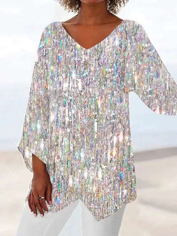Iridescent Sequin V Neck Tunic Top